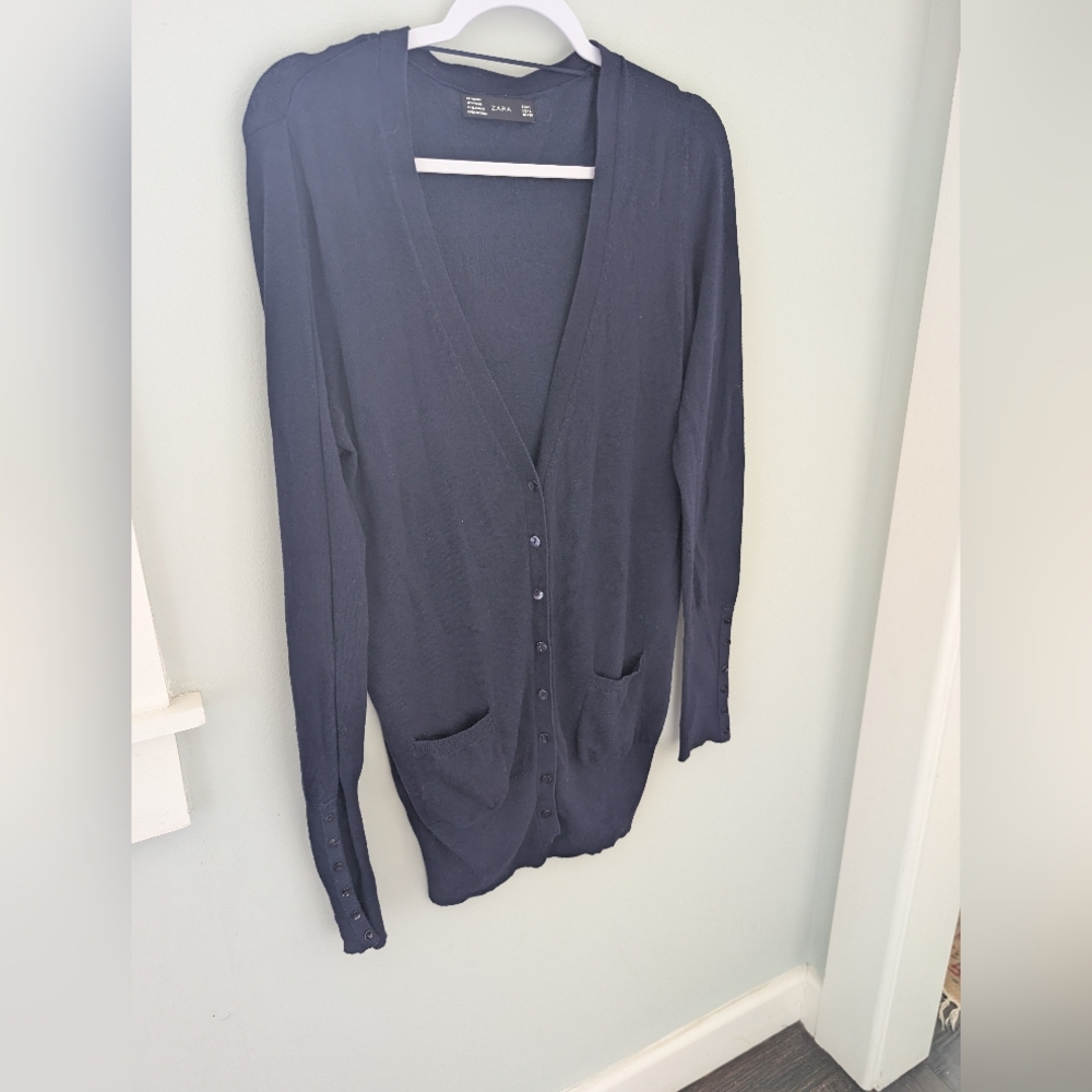 Zara Navy Cardigan Sweater Lightweight Knit, Size L